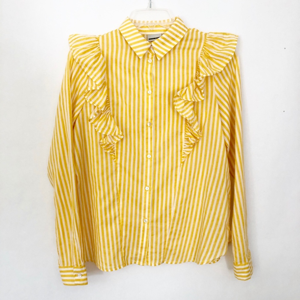 ASOS Noisy May Yellow Stripe Ruffle Button Down Top XS Coastal